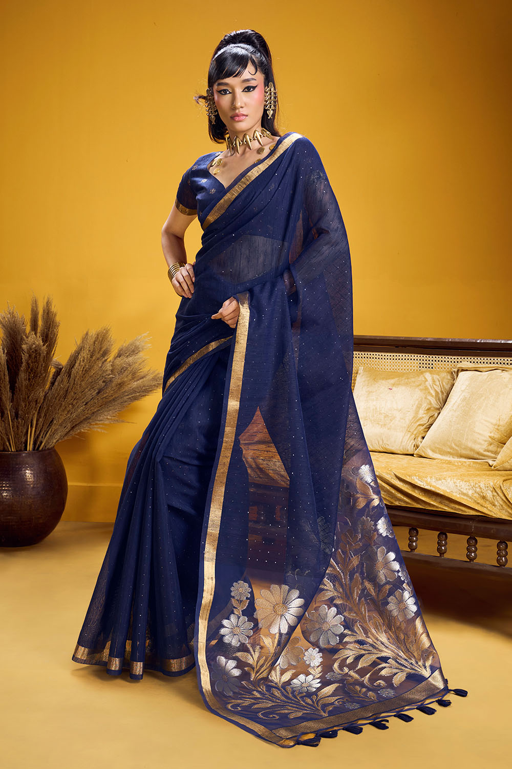 sari様ネイビー0 Navy Blue Munga Silk Zari Weaving Ready to Wear Online Saree – ONE