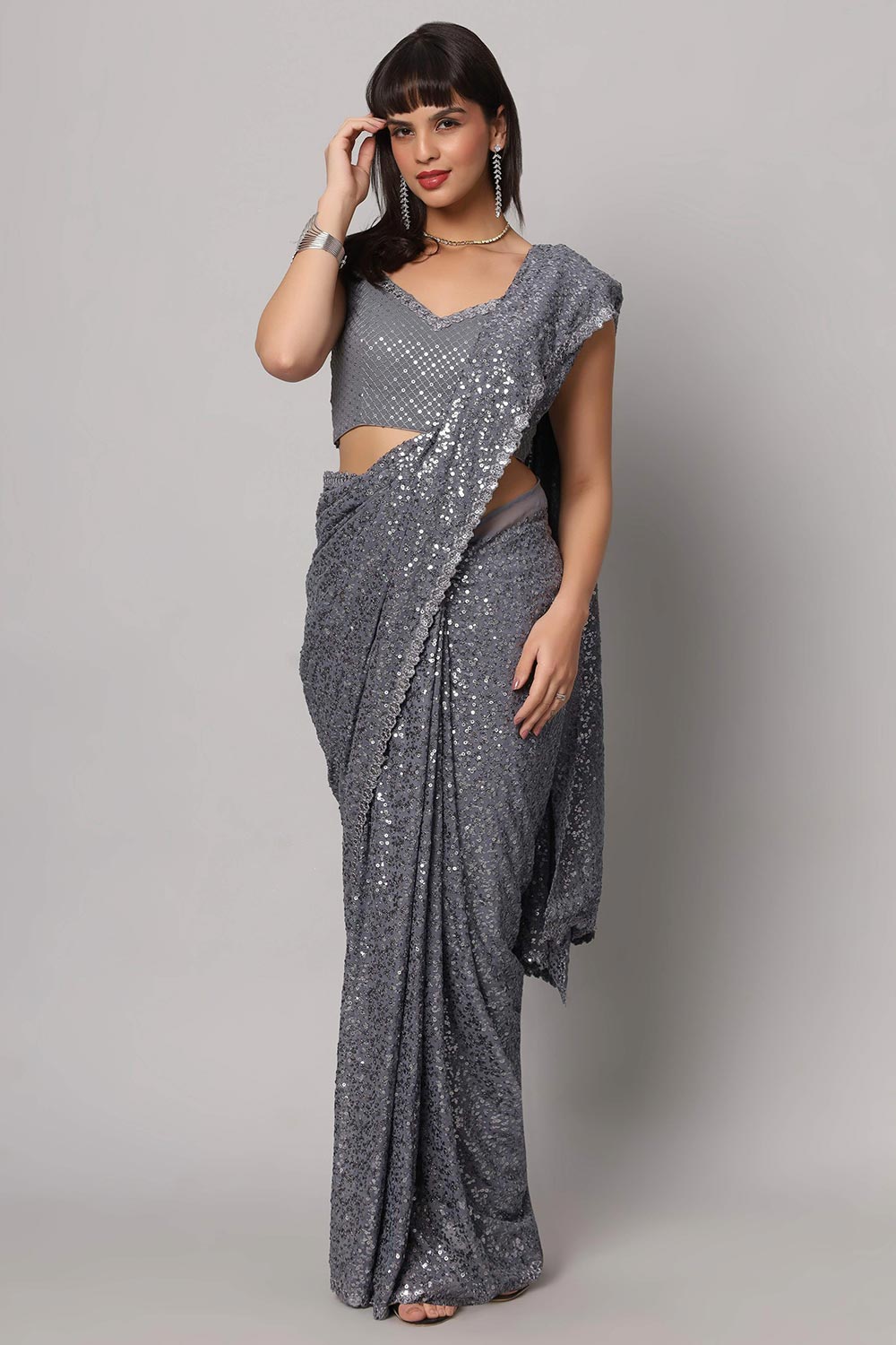 sequin dress saree Davina Dusty Mauve Sequin & Mirror Embroidered Semi Viscose Organza Lehenga Saree
