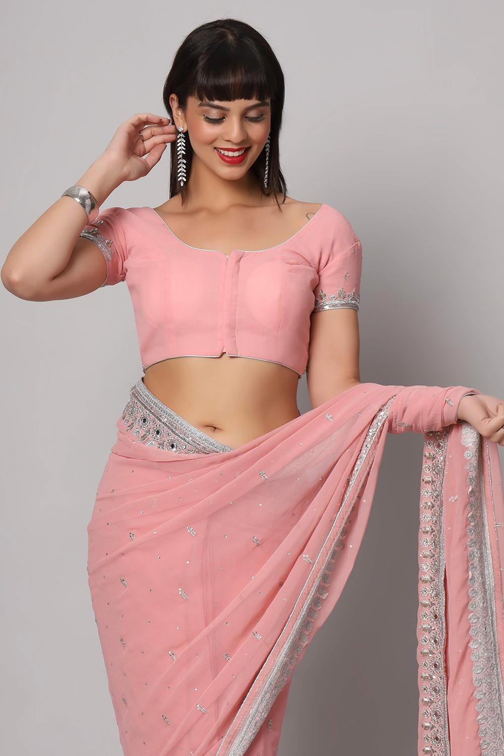 Aaliya Dusty Rose Silver Embroidered Mirror Work  One Minute Saree