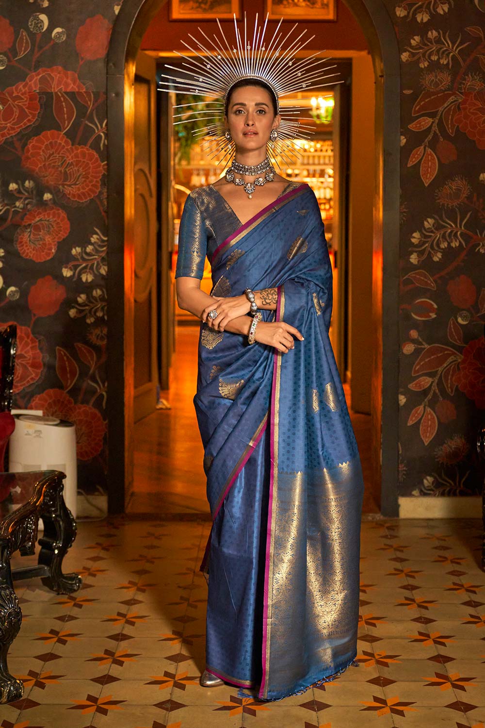 Lucia Blue Soft Silk Floral Digital Printed One Minute Saree main image 0