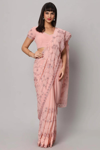 Esha Dusty Rose Embroidered Mirror Work One Minute Saree