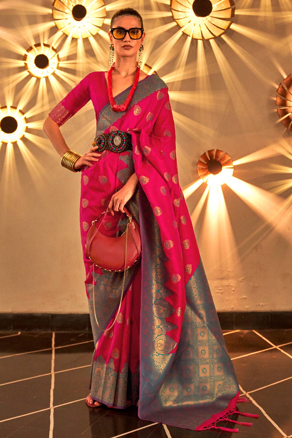 Buy Kornella Magenta & Grey Art Silk Lace, Foil-Print Saree Online ...