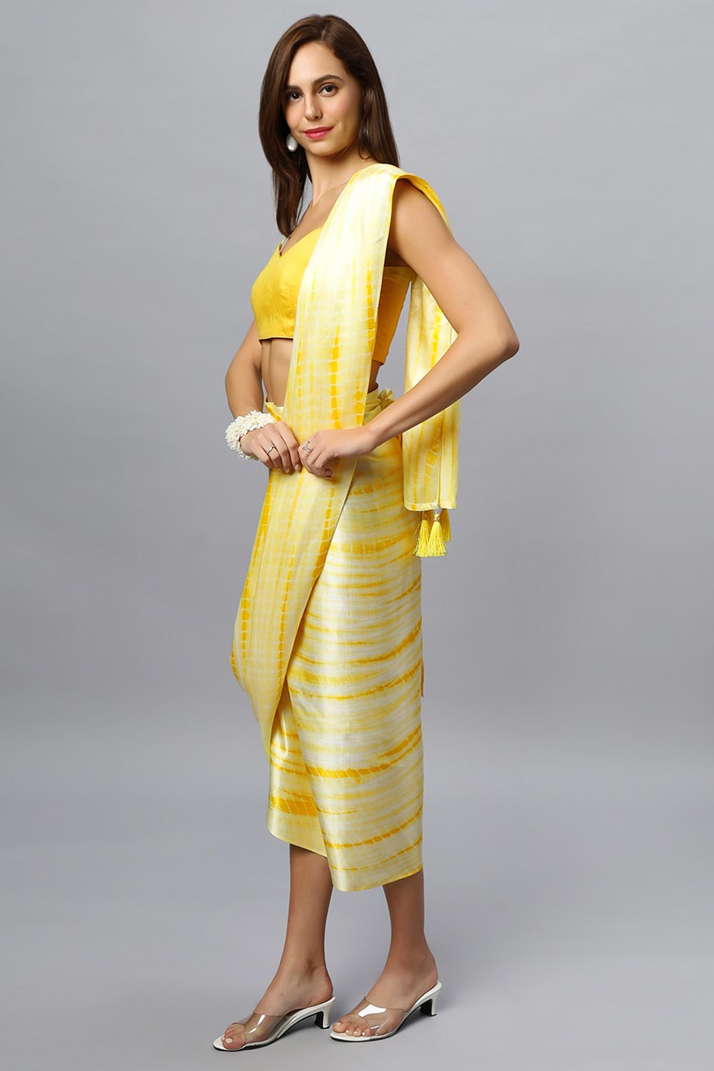 Avril Yellow Modal Satin Tie Dye Sarong Saree