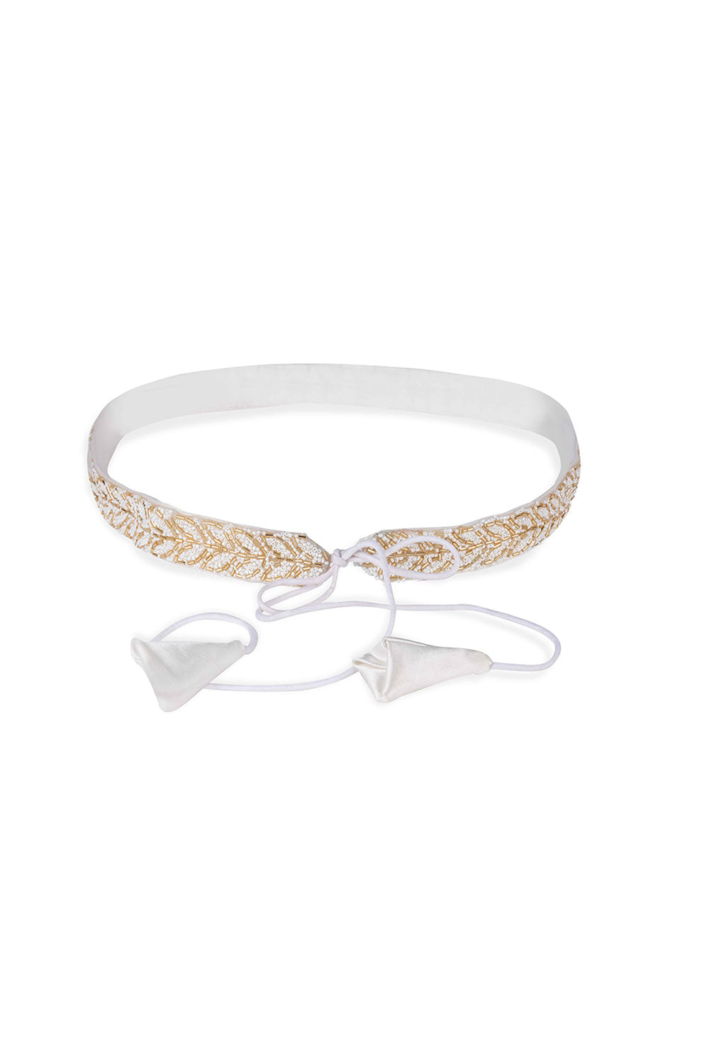 Athena White & Gold Beads Leaf Design Tie Belt for Saree & Dresses ONE MINUTE SAREE Athena White & Gold Beads Leaf Design Tie Belt for Saree & Dresses ONE MINUTE SAREE