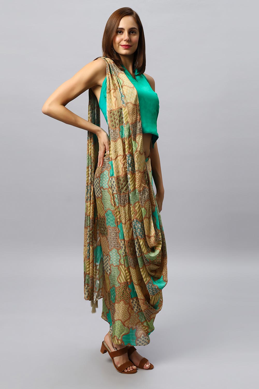 Kaia Gold Chinon Silk Sarong Saree with Gold Sequins
