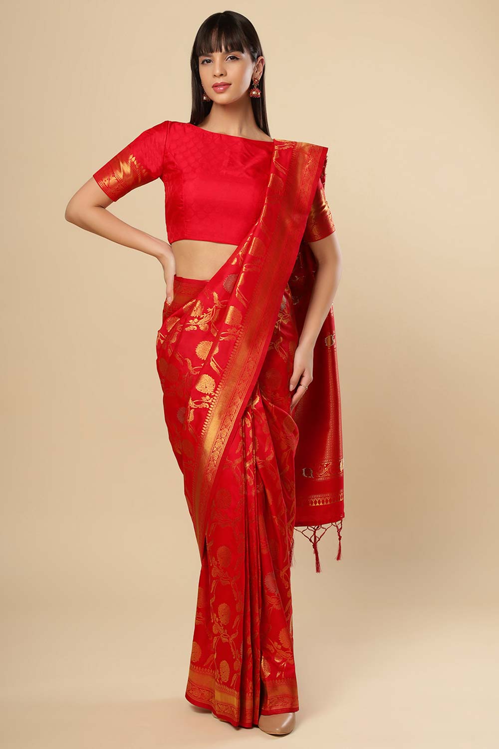 Silia Red Silk Woven Ready to Wear One Minute Saree