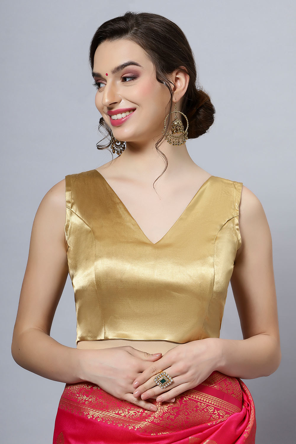 Ana Gold Satin Comfort Stretch Deep V Sleeveless Blouse with Bow