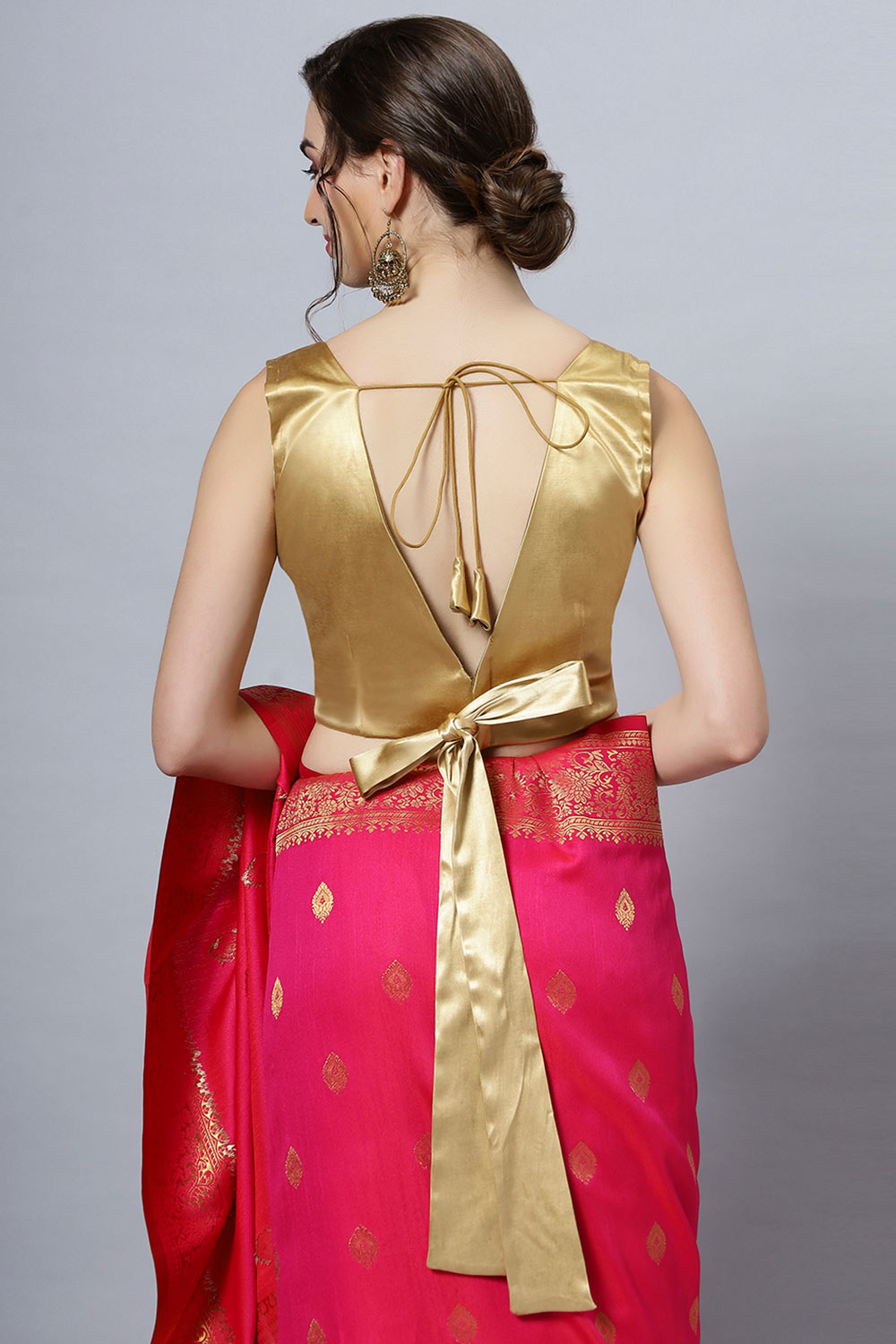 Ana Gold Satin Comfort Stretch Deep V Sleeveless Blouse with Bow