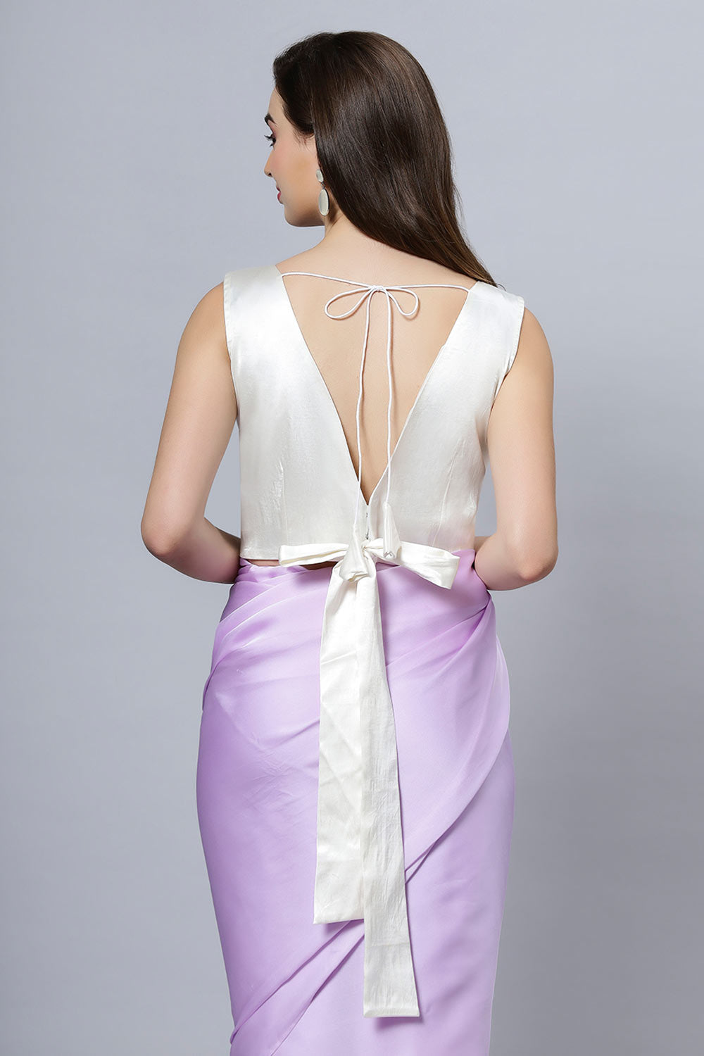 Ana Off-White Satin Comfort Stretch Deep V Sleeveless Blouse with Bow