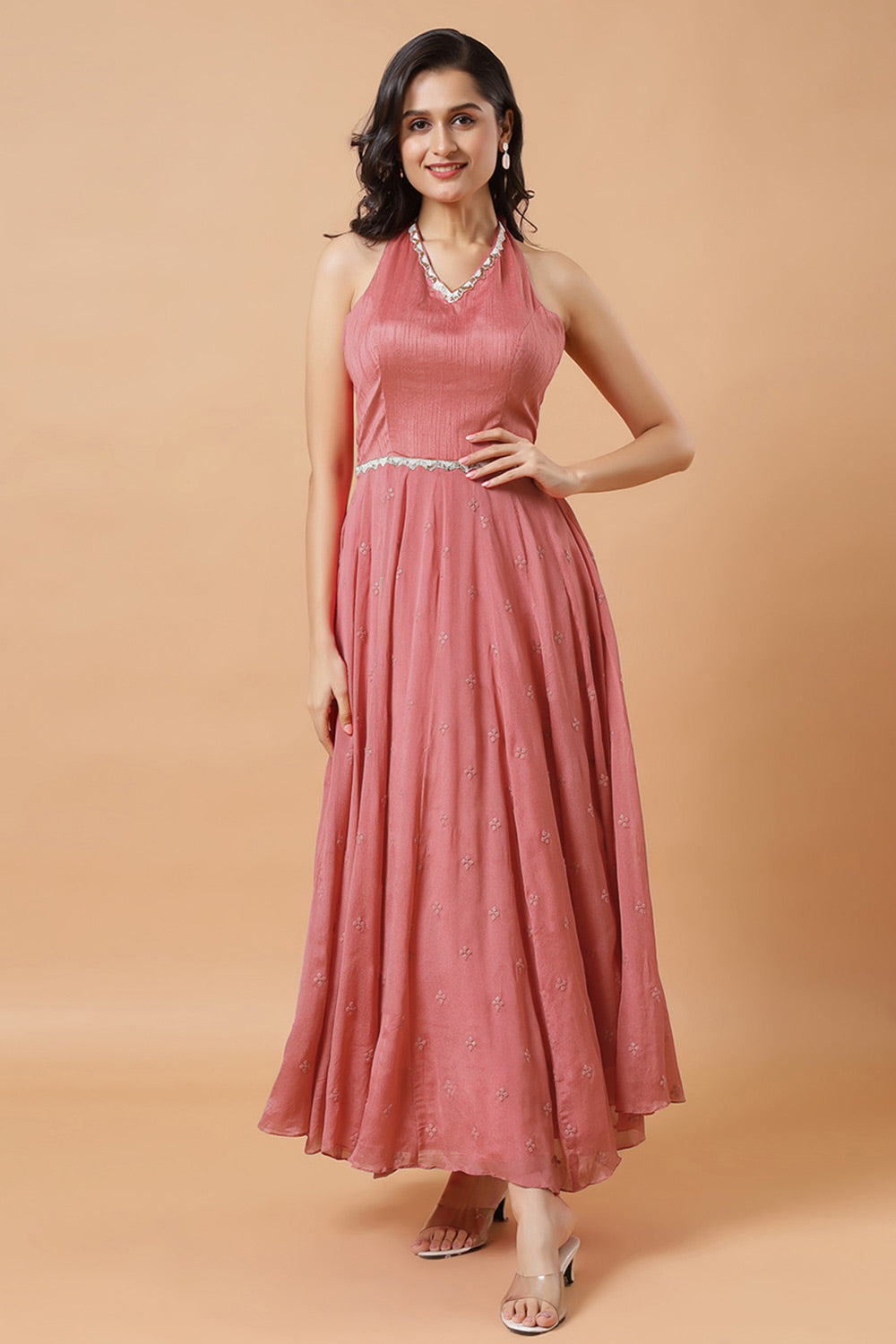 Maya Dusty Rose Halter Neck Chinon Silk Saree Dress Maya Dusty Rose Halter Neck Chinon Silk Saree Dress