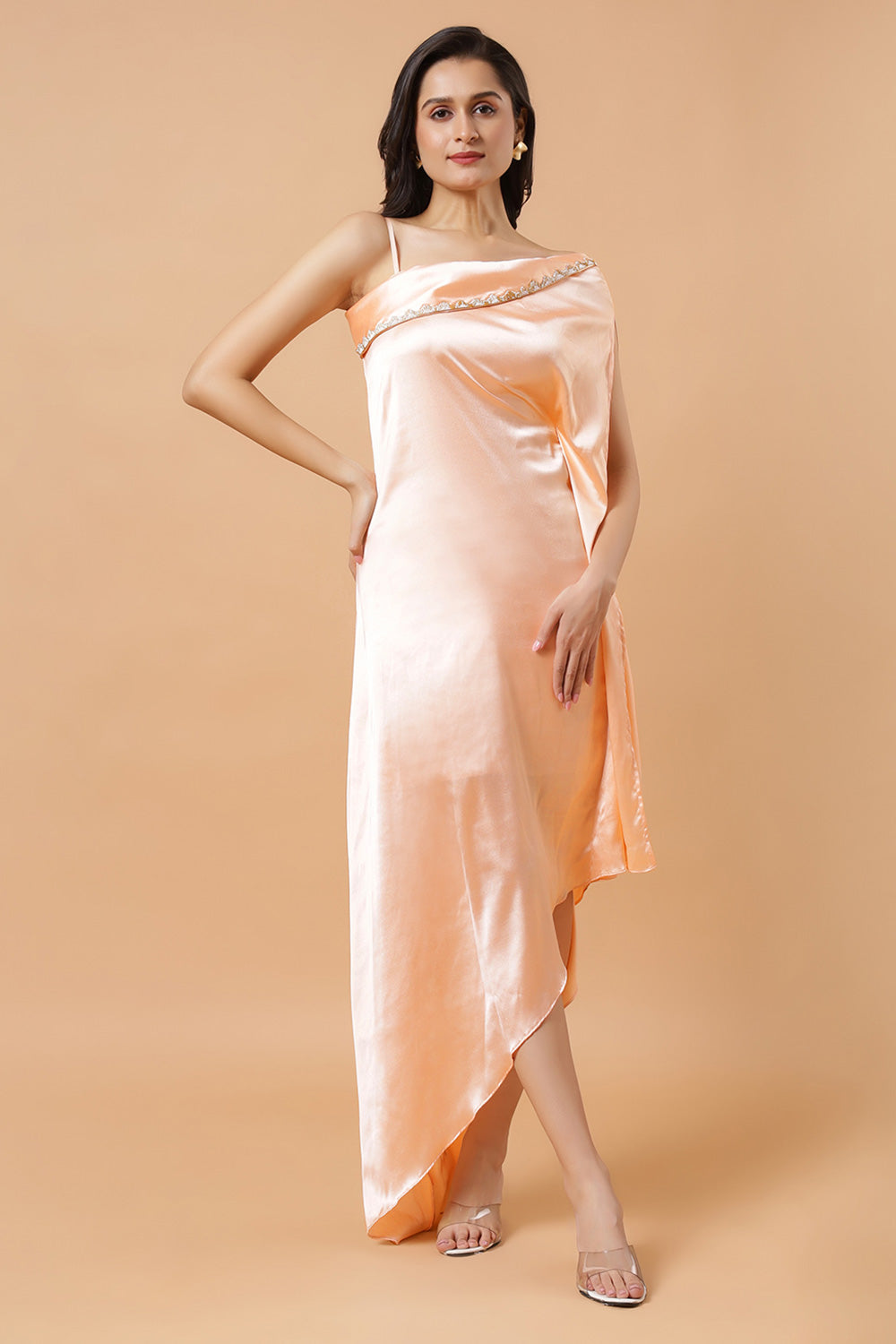Nora Peach Satin Shoulder Drape Saree Dress Nora Peach Satin Shoulder Drape Saree Dress