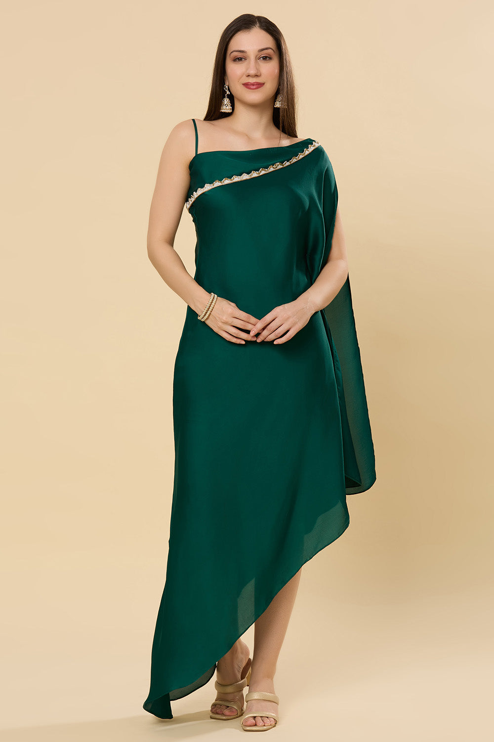Isla Emerald Green Satin Shoulder Drape Saree Dress ONE MINUTE SAREE Isla Emerald Green Satin Shoulder Drape Saree Dress ONE MINUTE SAREE