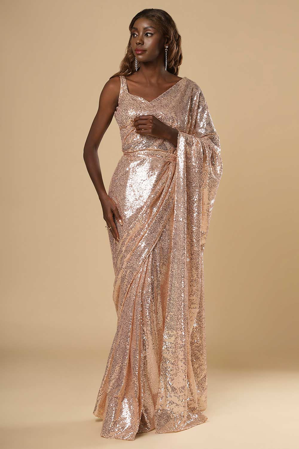 Ciara Rose Gold Luxe Shiny Sequins One Minute Saree Online ONE MINUTE SAREE Ciara Rose Gold Luxe Shiny Sequins One Minute Saree Online ONE MINUTE SAREE