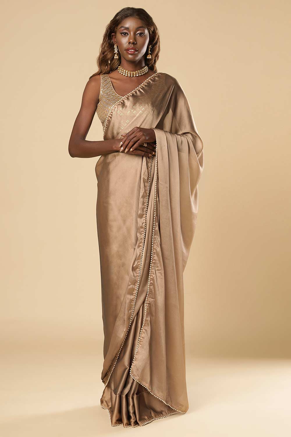 Sula Beige Crepe One Minute Saree Online – ONE MINUTE SAREE