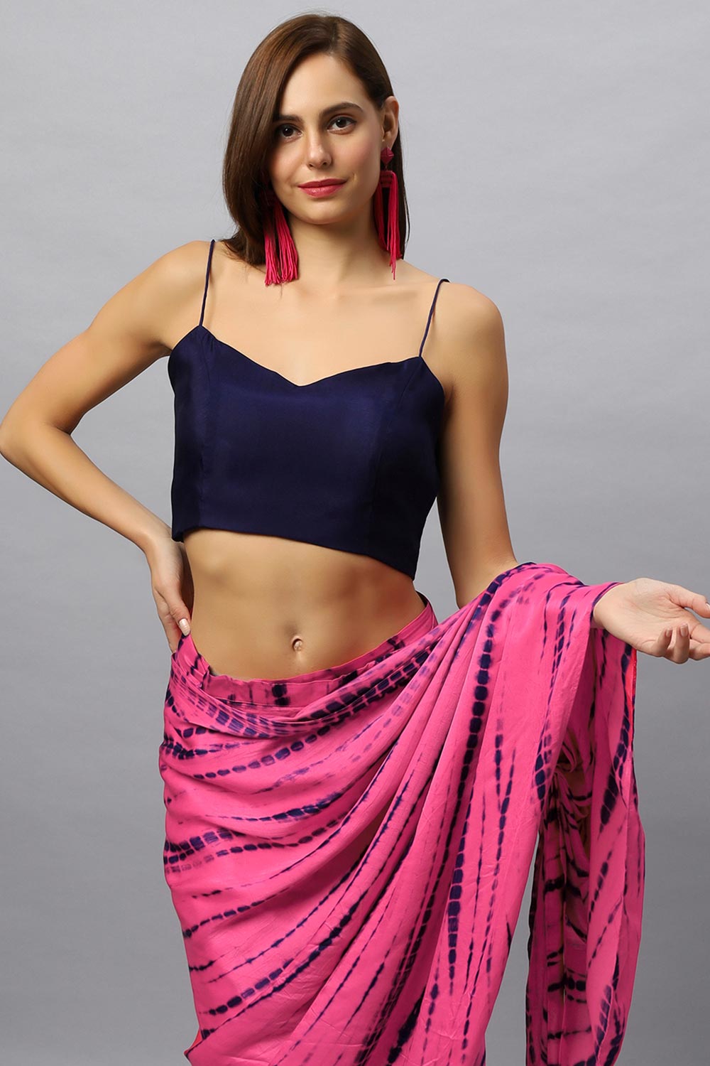 Skye Navy & Pink Shibori Print Modal Satin Sarong Saree