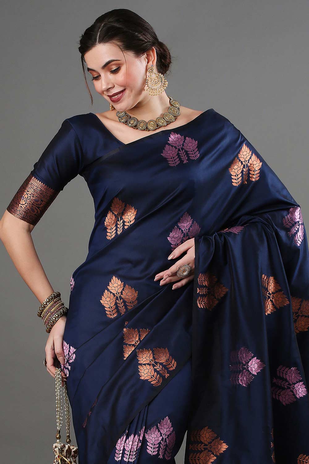 Sandhya Dark Blue Silk Blend Banarasi One Minute Saree