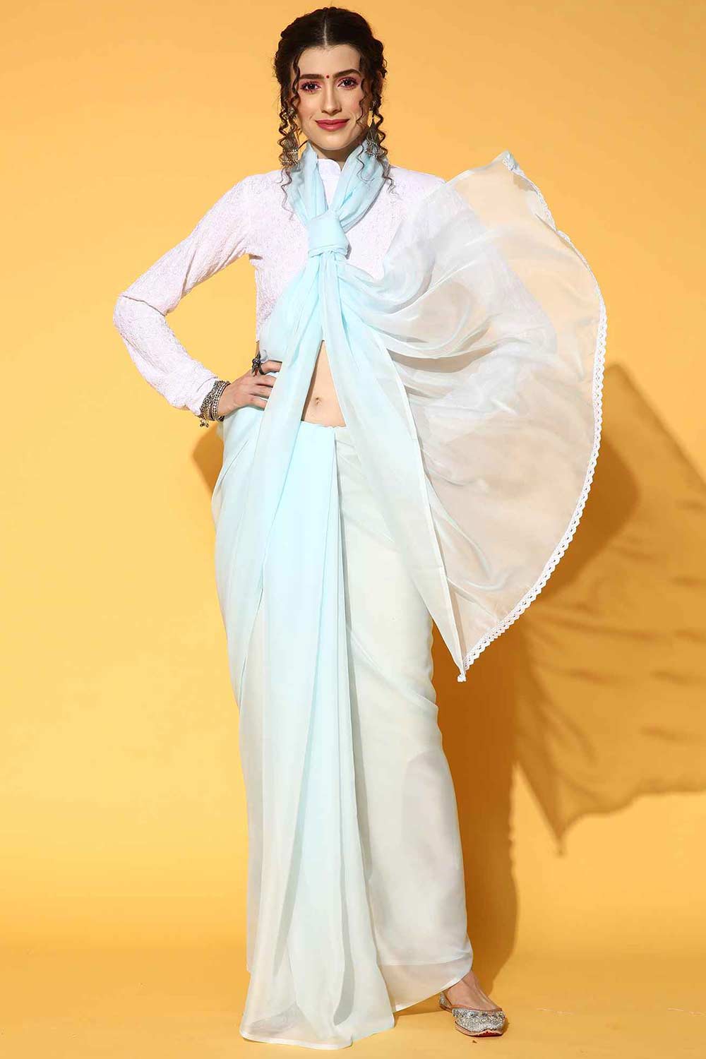 Turquoise & Off-White Organza Solid Designer One Minute Saree