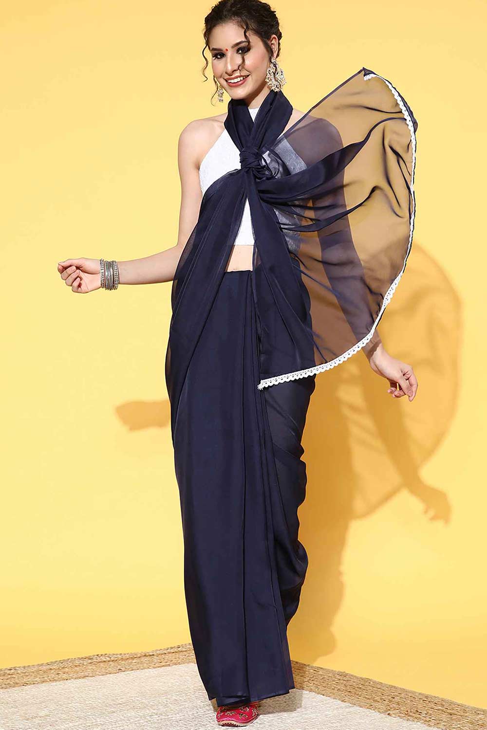 Hana Organza Navy Blue Solid Celebrity One Minute Saree