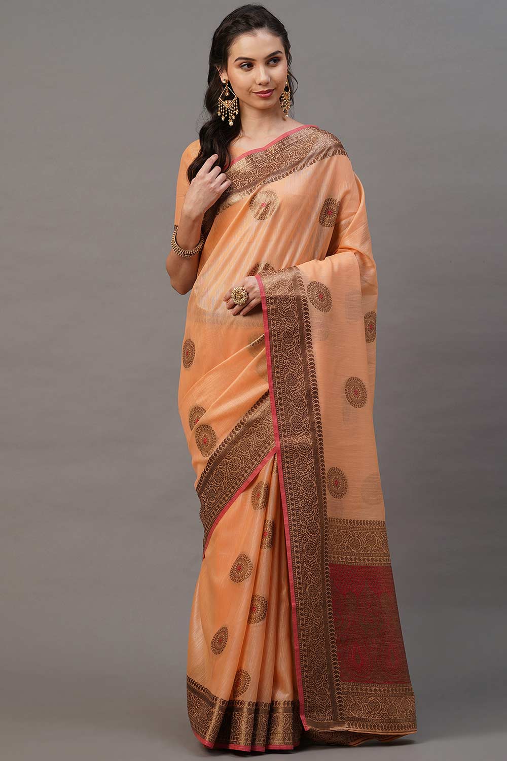 Buy Peach Woven Blended Silk One Minute Saree Online