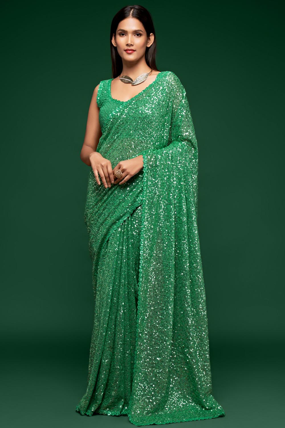 Buy Myra Green Sequin Embroidery Faux Georgette One Minute Saree Online –  ONE MINUTE SAREE