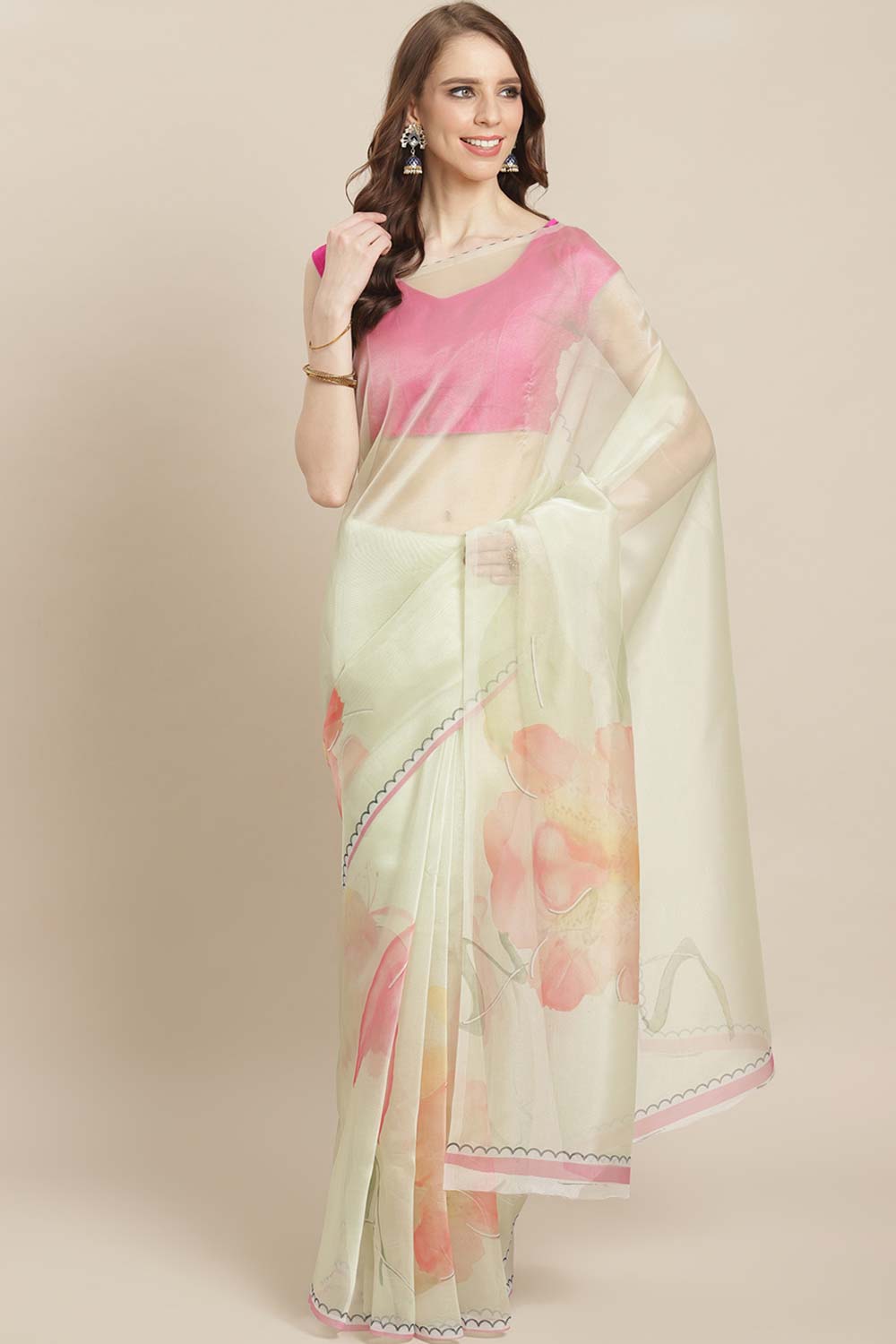 Angelique Off White Organza Printed One Minute Saree