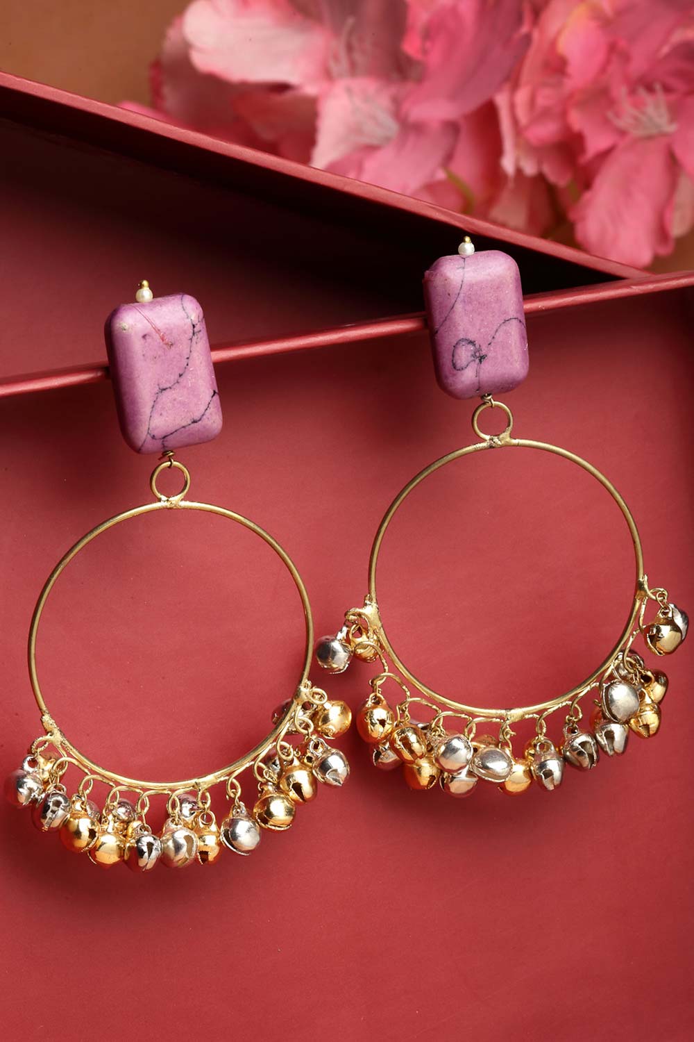 Kashvi Pink Gold-Plated with Natural Stones Chandbali Earrings