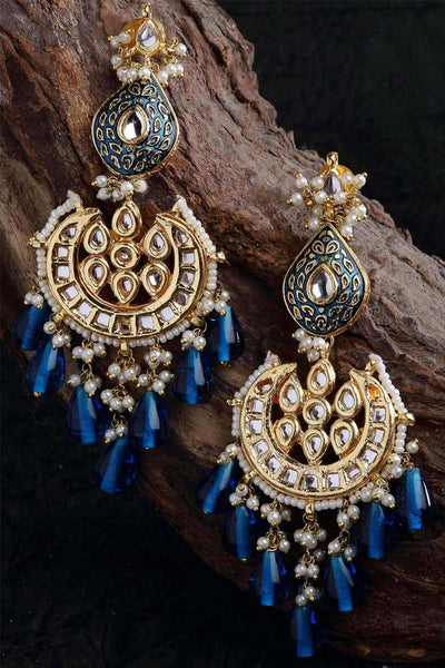 Senaya Blue & White Gold-Plated Kundan and Pearl Chandelier Earrings