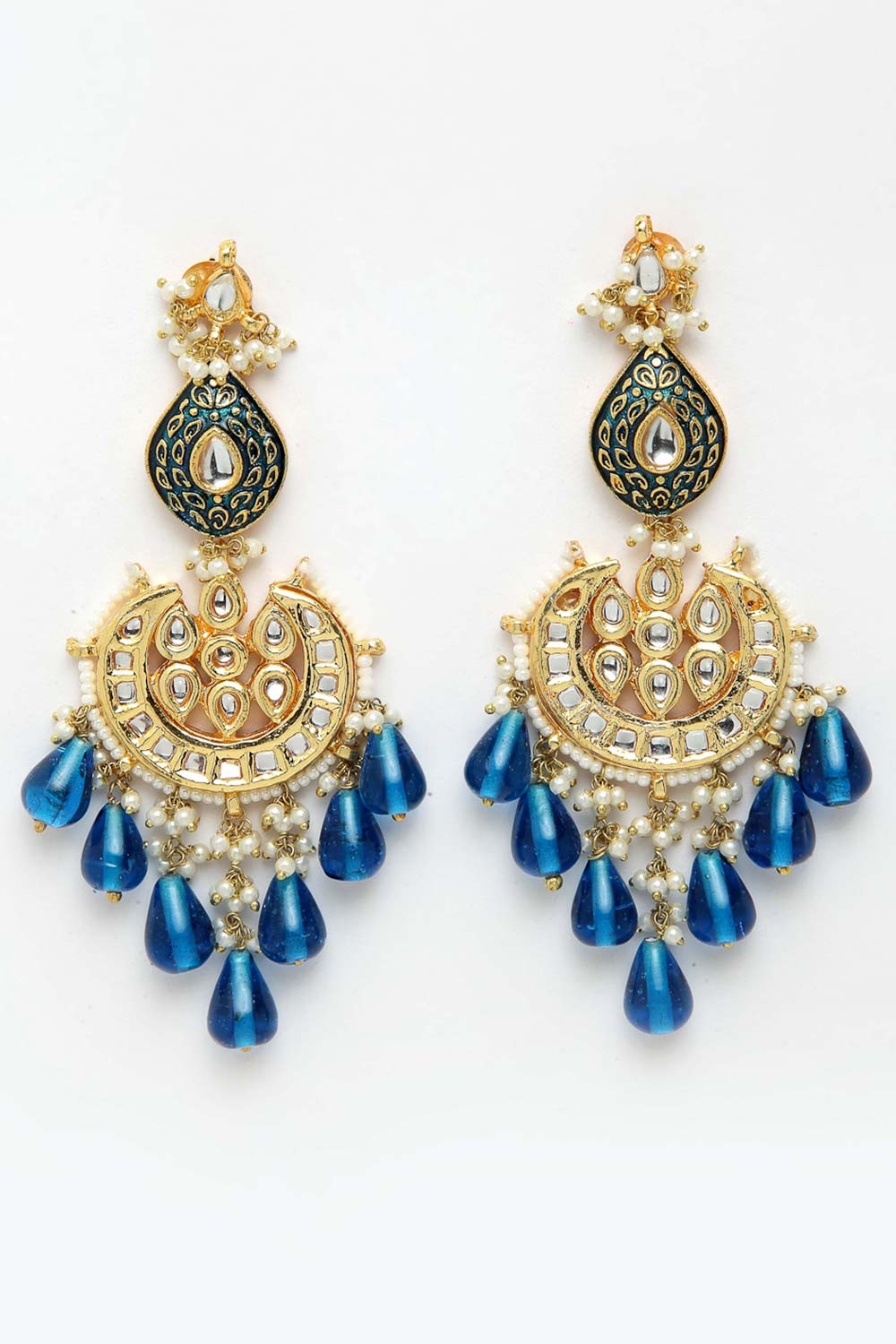 Senaya Blue & White Gold-Plated Kundan and Pearl Chandelier Earrings