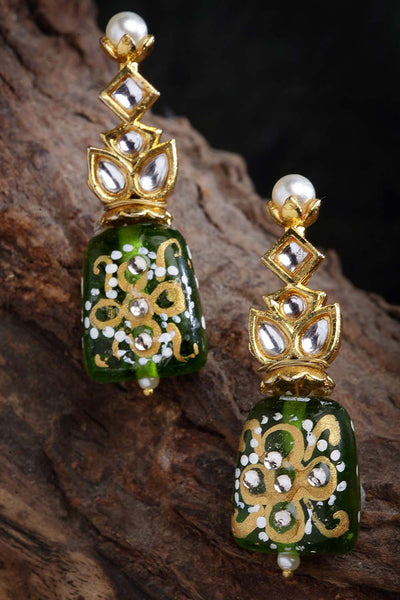Elea Green & White Gold-Plated Kundan with Pearls Earrings
