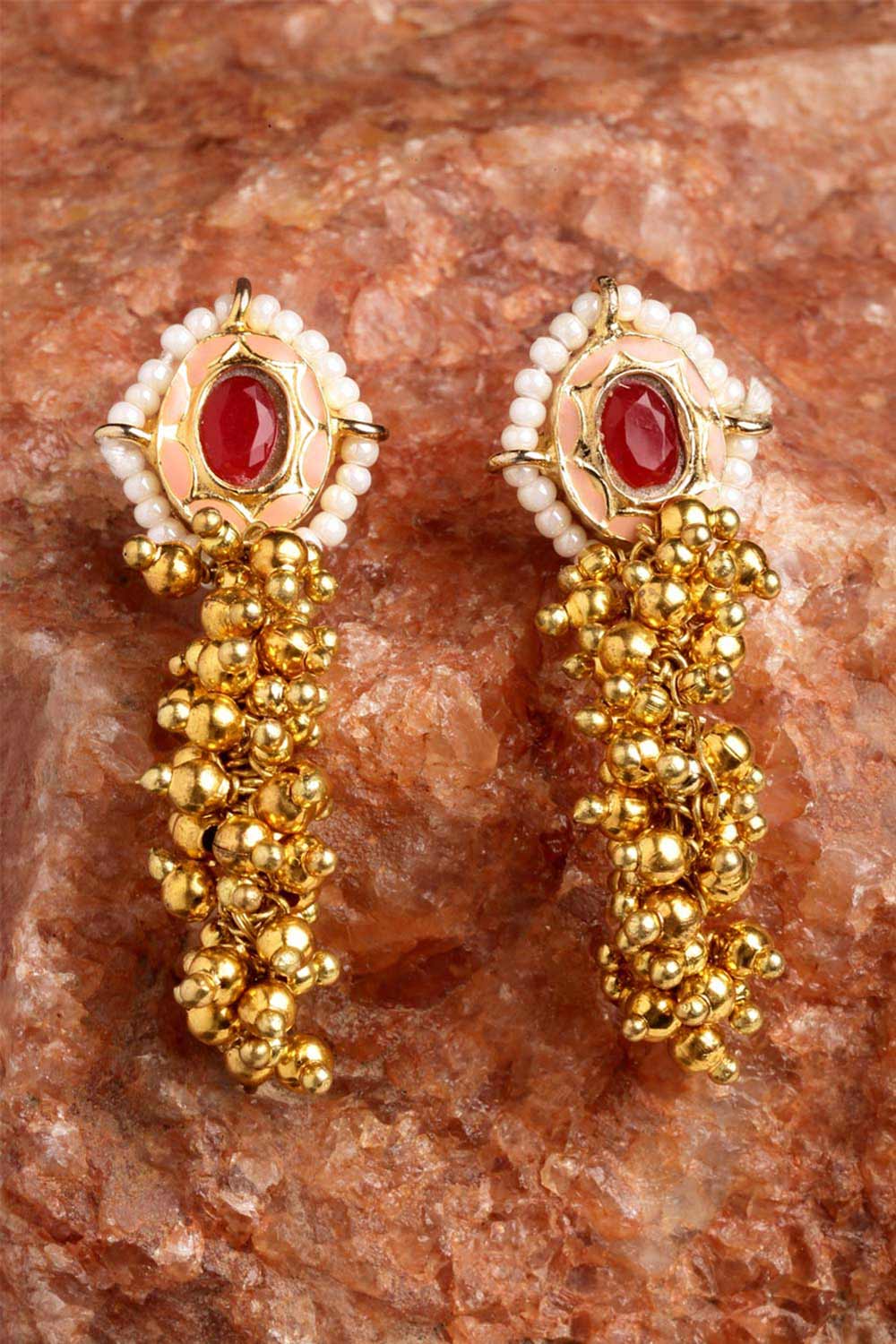 Zahra Pink & White Pearls with Ruby Gold-Plated Dangler Earrings