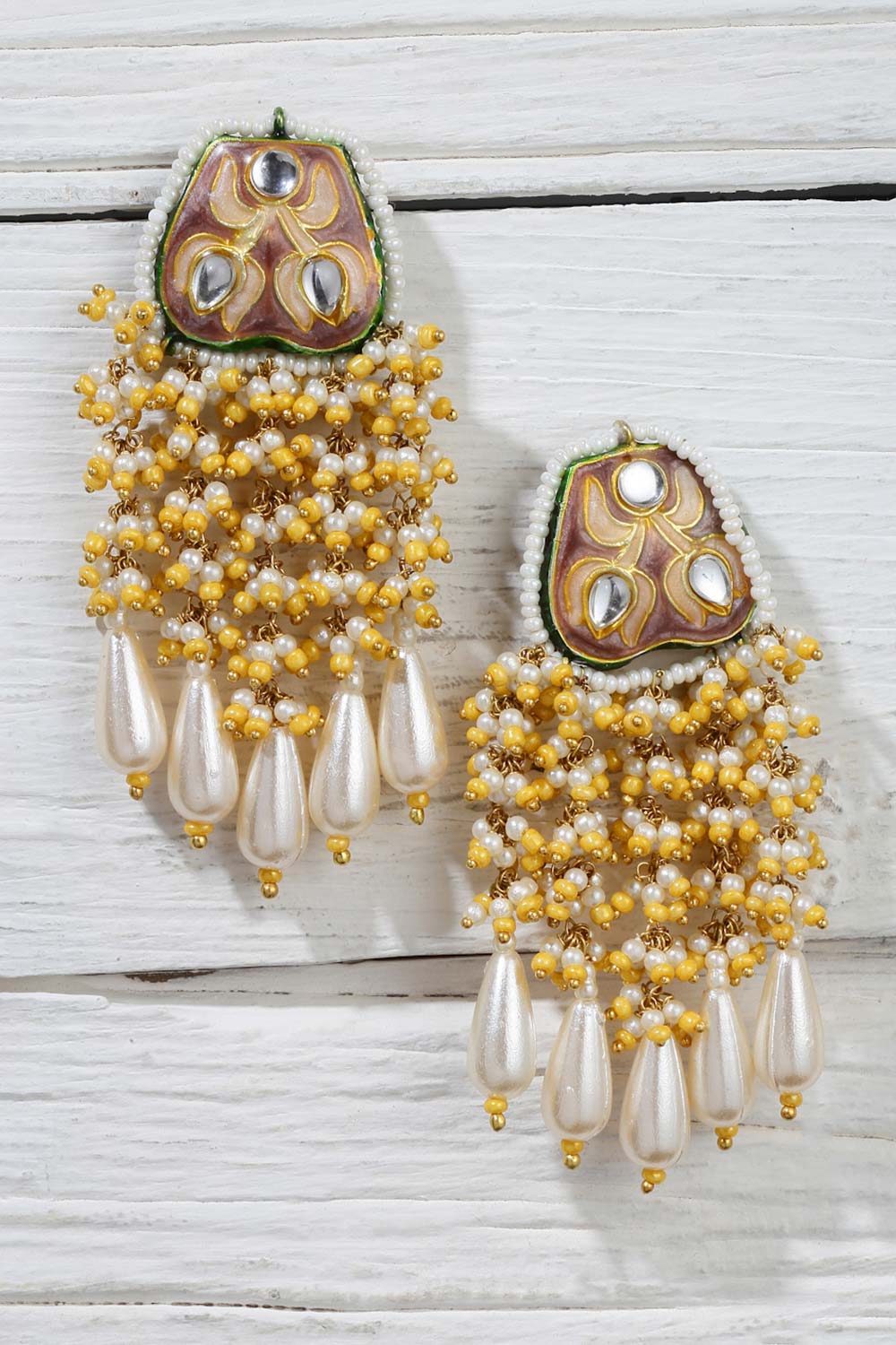 Savara Yellow & White Gold-Plated Kundan with Pearls Earrings