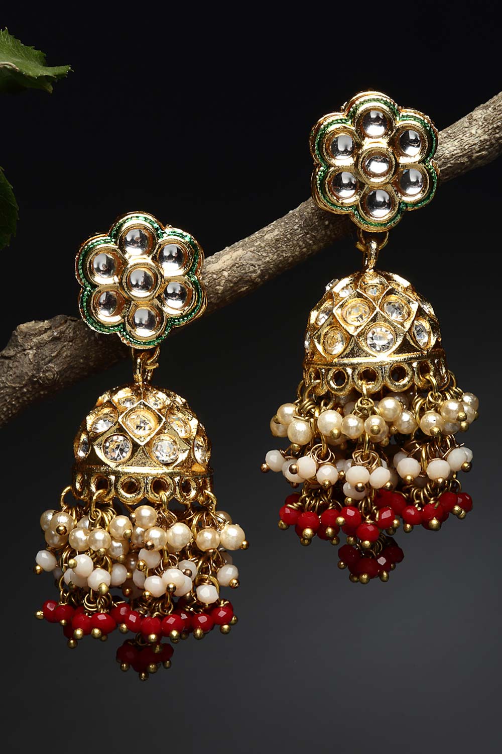 Robena Red Stone with Gold-Plated Kundan Diamonds & Pearls Jhumka Earrings