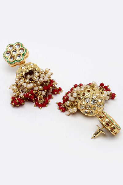 Robena Red Stone with Gold-Plated Kundan Diamonds & Pearls Jhumka Earrings