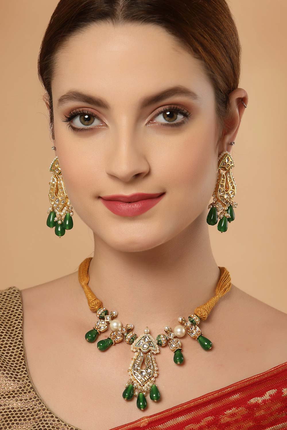 dugristyle Green and Orange Gold-Plated Kundan and Pearls Jewelry Set