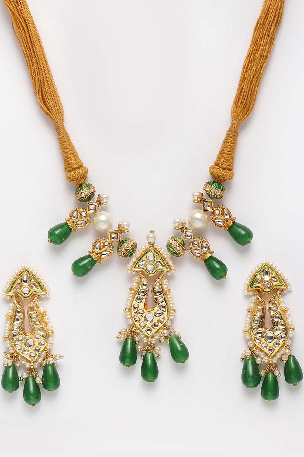 Bhaswati Green & Orange Gold-Plated Kundan with Pearls Necklace and Earrings Set