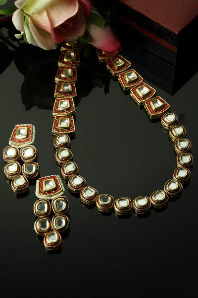 Camran Red & Gold Kundan with Pearl and Ruby Necklace and Earrings Set
