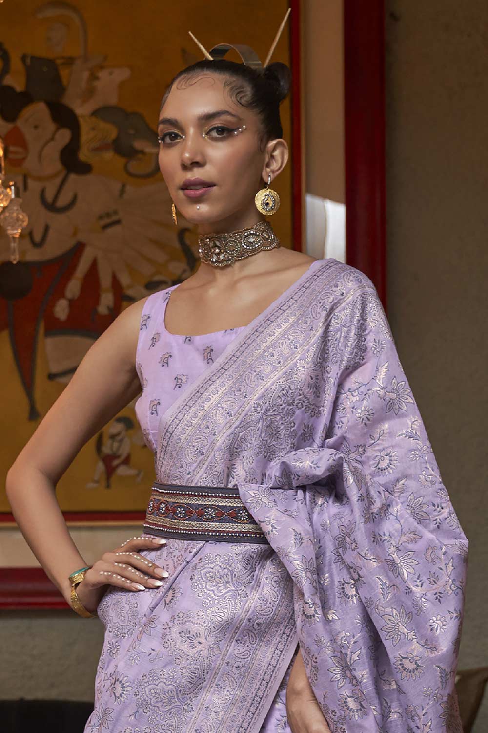 Buy Lavender Art Silk Ethnic Motif Design One Minute Saree Online - Back