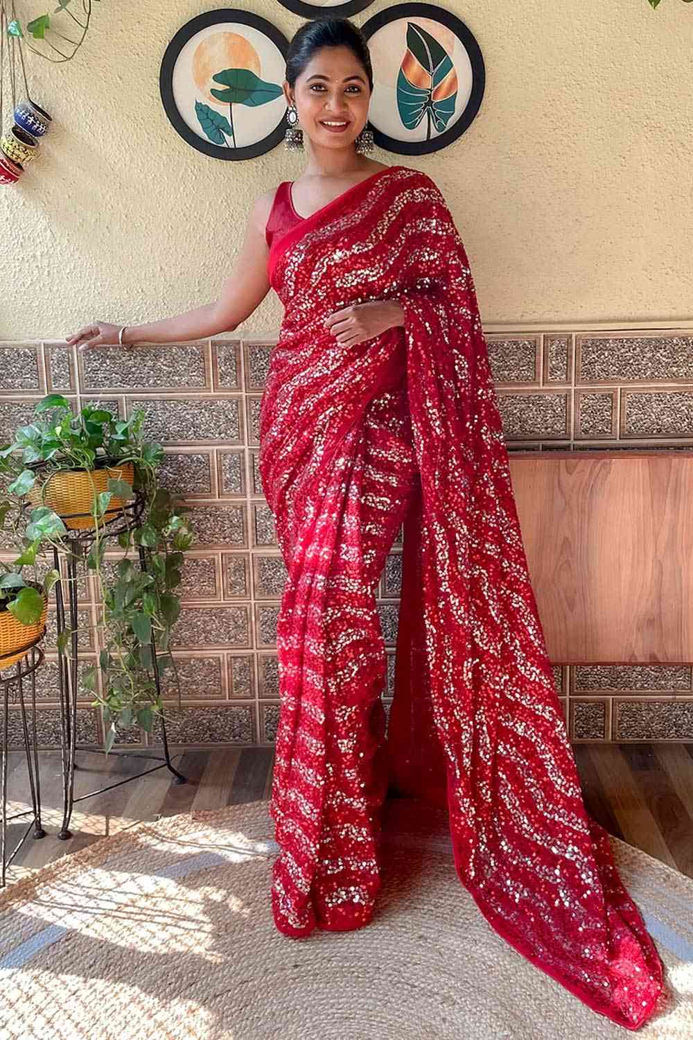 Rhonda Red Georgette Sequin One Minute Saree