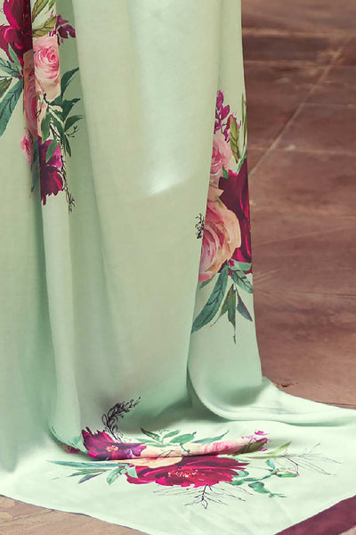 Buy Light Green Satin Silk Floral Print One Minute Saree Online - Side