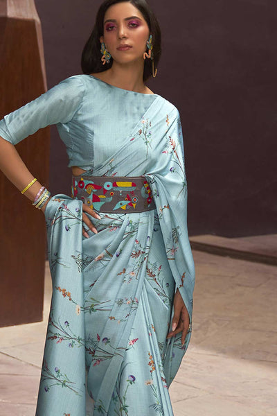 Buy Turquoise Satin Silk Floral Print One Minute Saree Online - Back