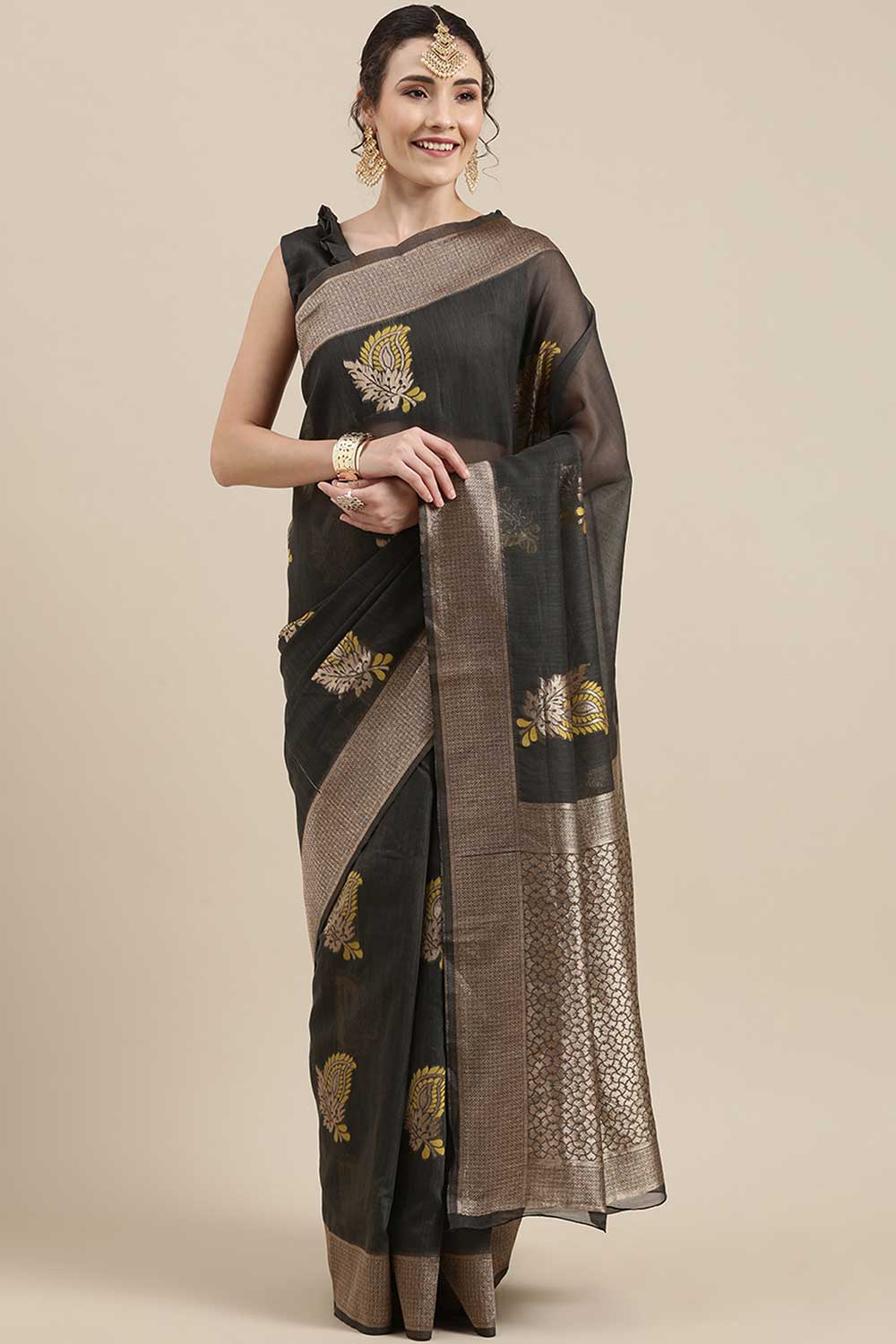 Hannah Grey Floral Woven Linen One Minute Saree