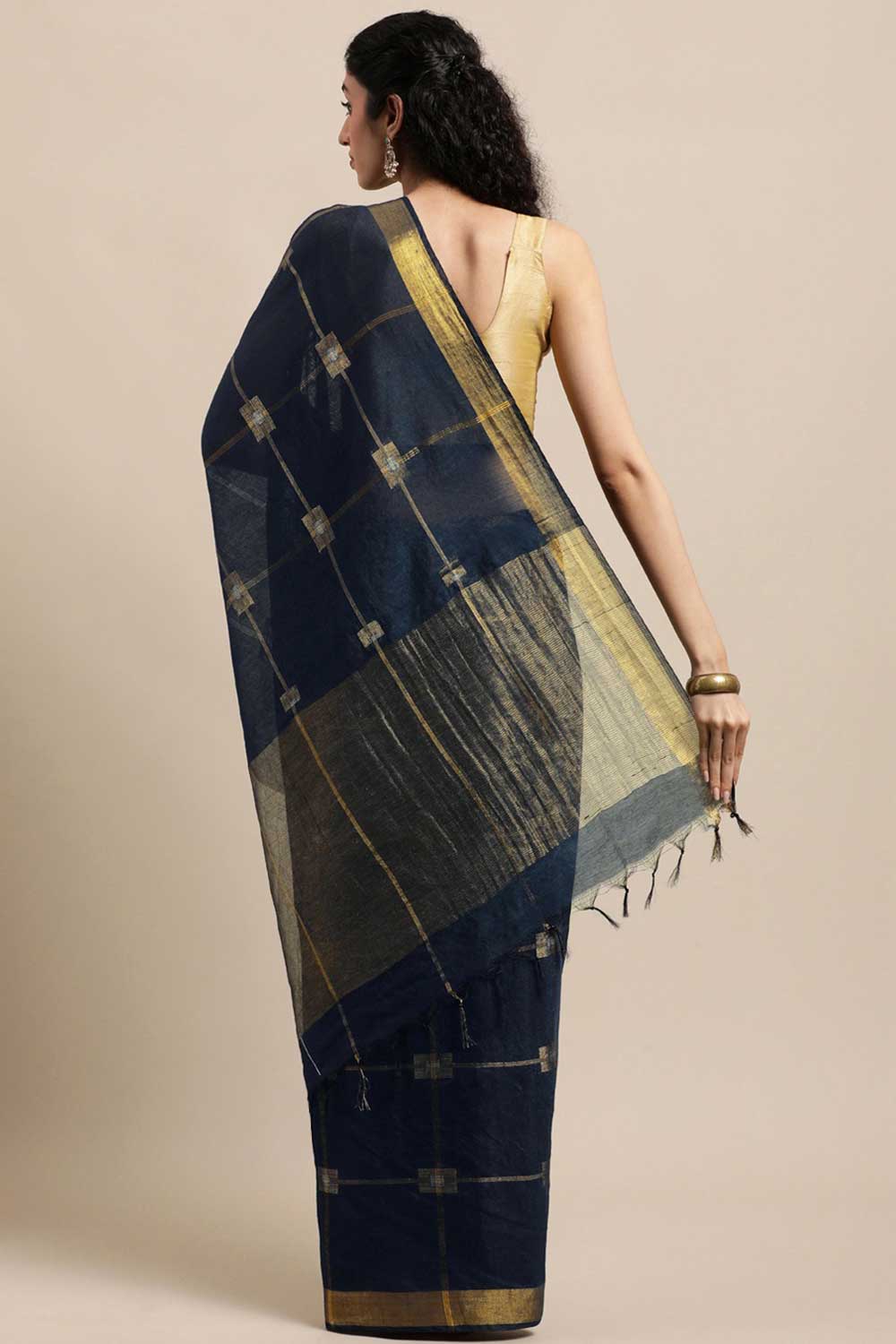 Buy Navy Blue Zari Woven Blended Silk One Minute Saree Online - Back
