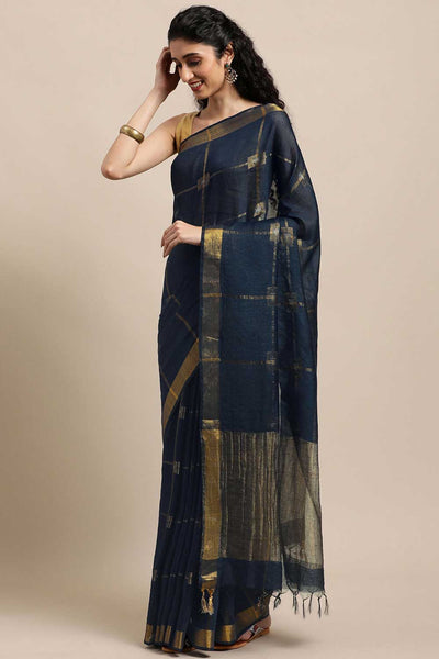 Buy Navy Blue Zari Woven Blended Silk One Minute Saree Online