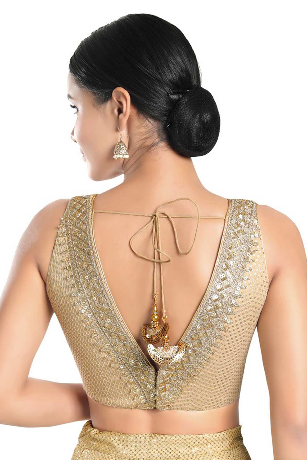 Uma Gold Art Silk Sequin V-Neck Sleeveless Blouse