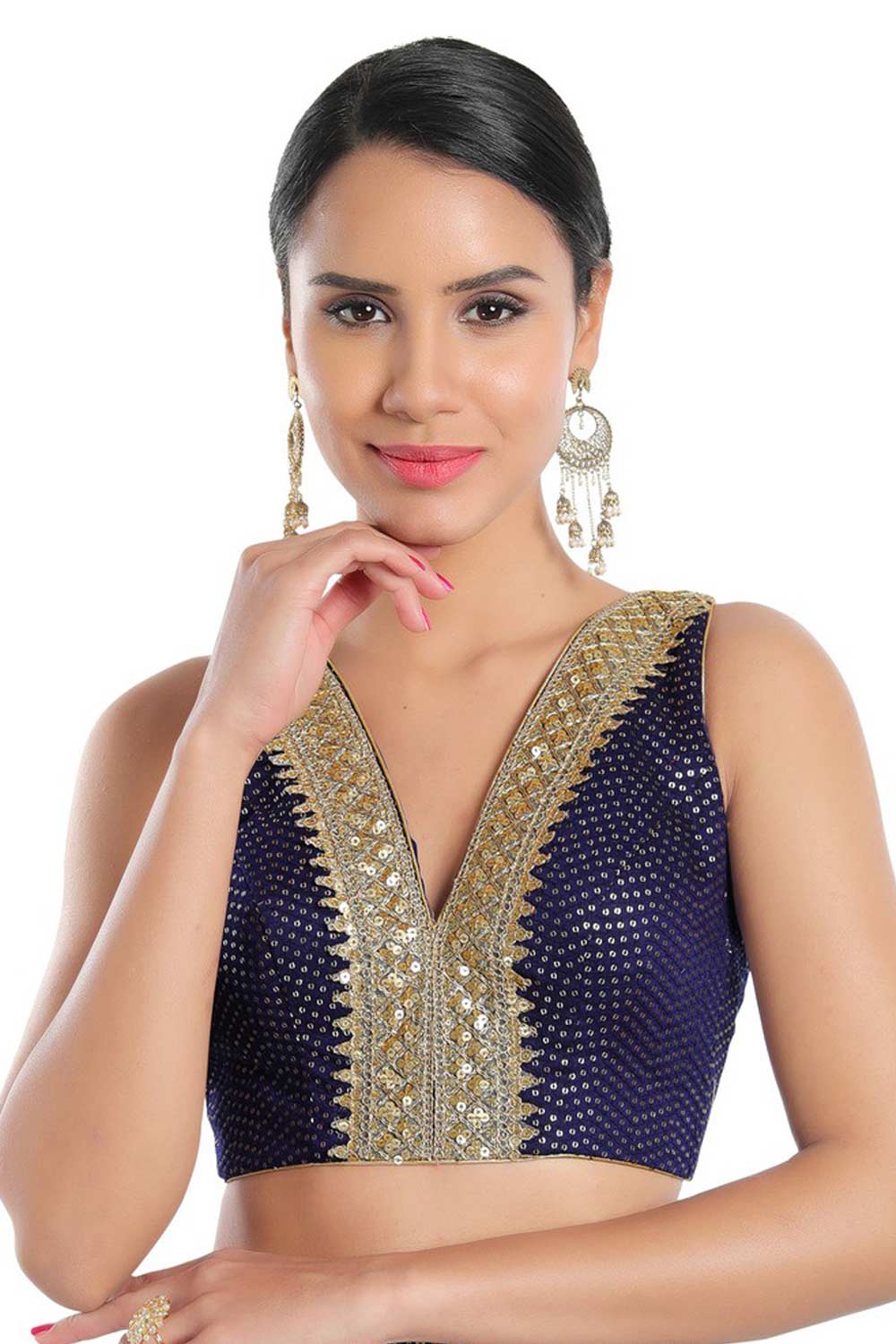 Uma Navy Blue Art Silk Sequin V Neck Sleeveless Blouse