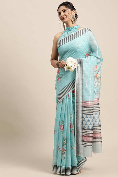 Bimala Blue Soft Silk Floral Printed Banarasi One Minute Saree