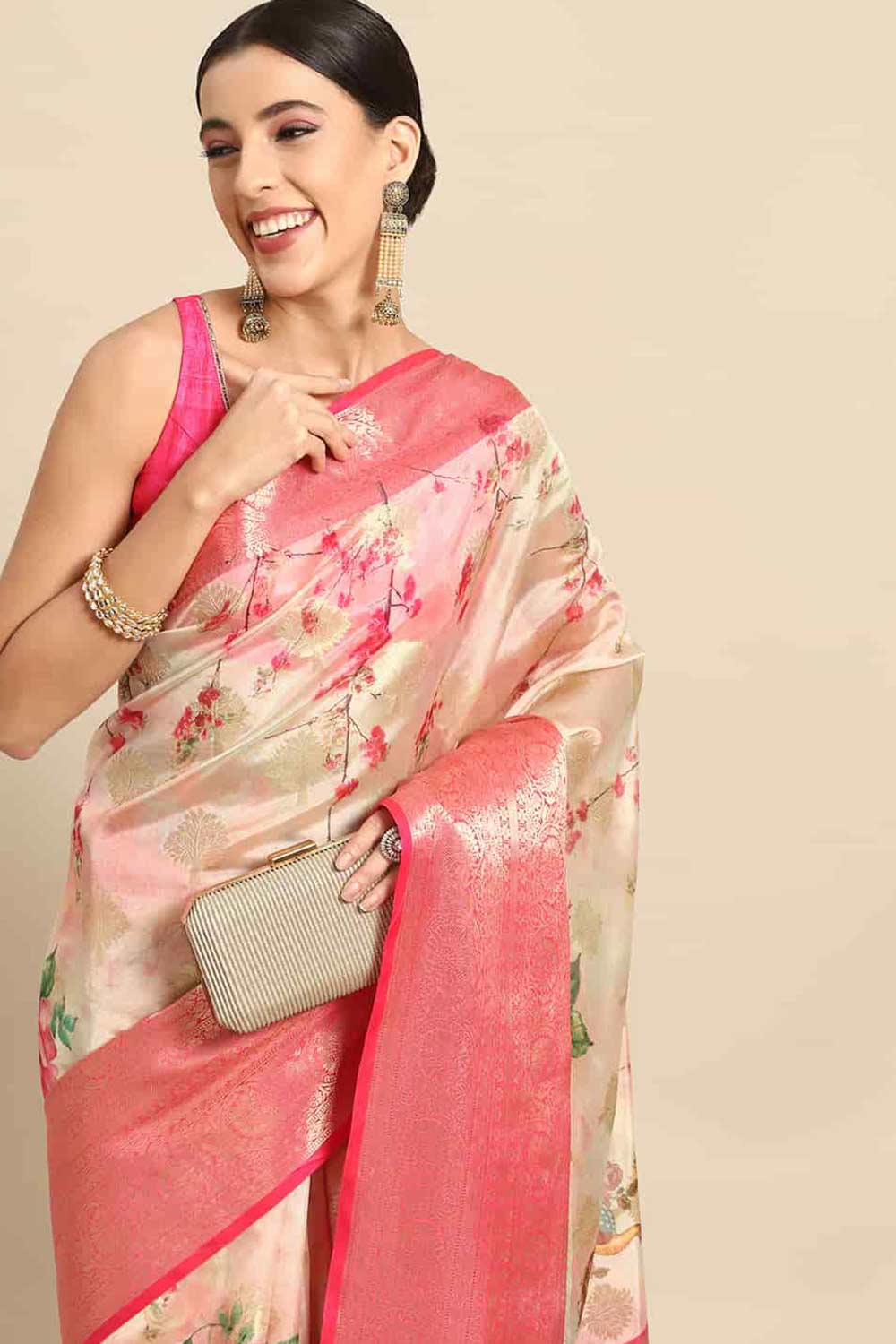 Buy Pink Soft Art Silk Floral Printed Banarasi One Minute Saree Online 