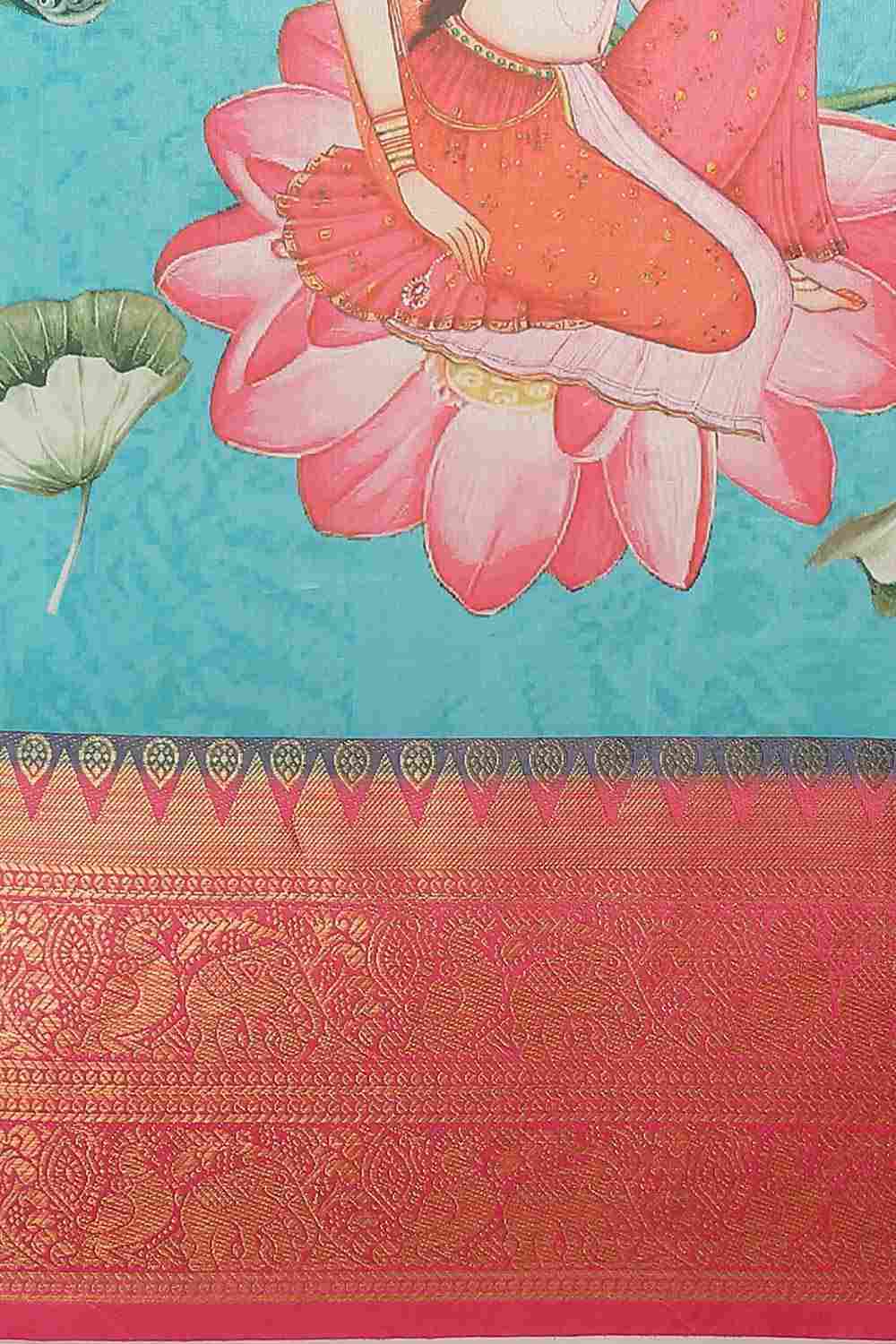 Buy Teal Soft Art Silk Floral Printed Banarasi Saree Online - Zoom In 