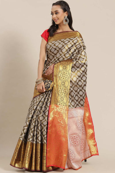 Buy mahendi Soft Art Silk Floral Printed Banarasi Saree Online - Front 