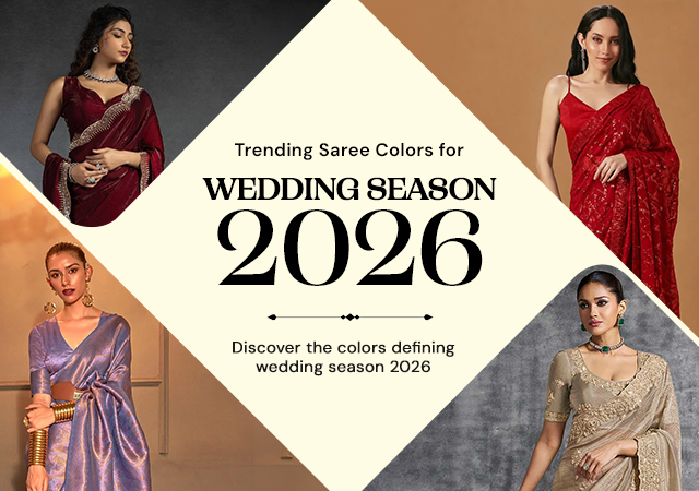 Wedding season 2026 saree color trends featuring red, green, pink, pastel and sequin ready-to-wear sarees by One Minute Saree